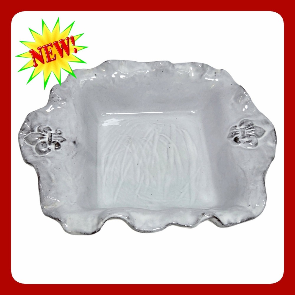 Abigails Italy Fleur De Lis Ceramic Square Bowl White Ruffle Edge Serving Dish